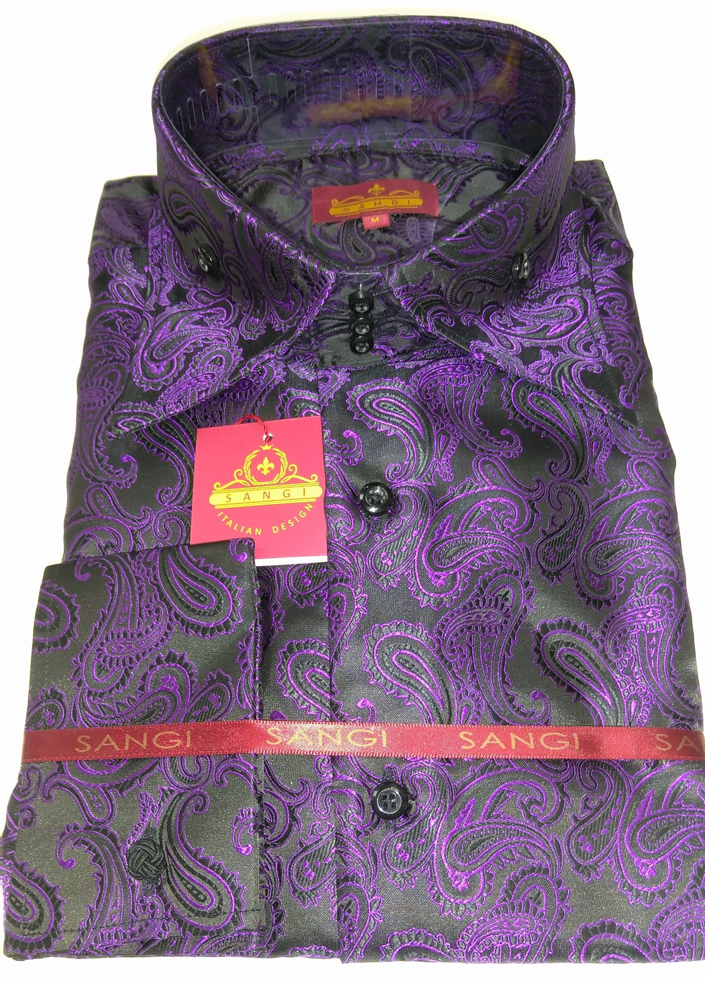 SANGI MILAN : Chemise Homme Noir & Violet Paisley - Col Haut & Poignets Mousquetaire - Élégance Française #2042