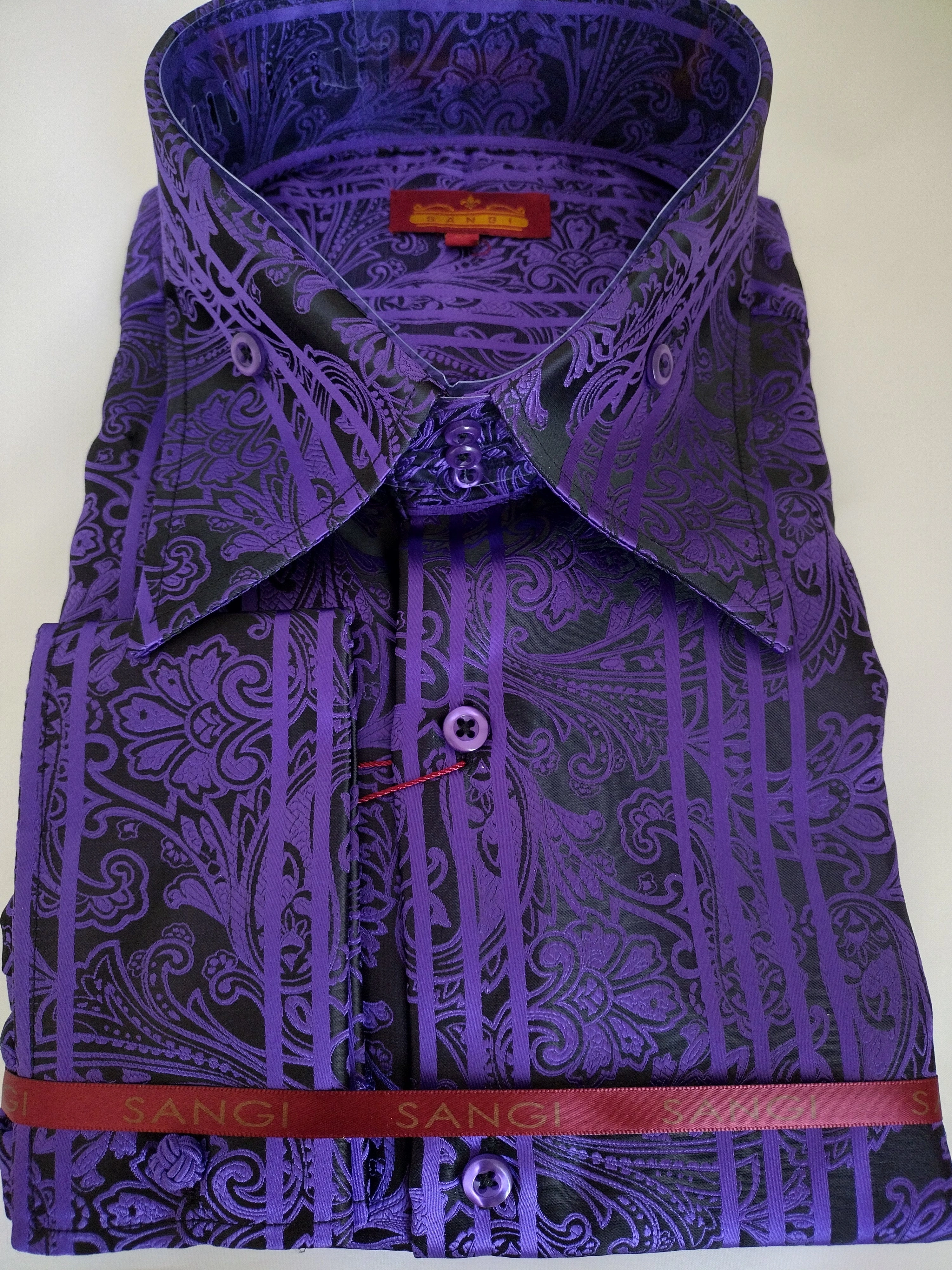 SANGI MONACO: Chemise Homme Noir & Violet Motif Paisley Chic Col Haut Poignets Français Élégance!
