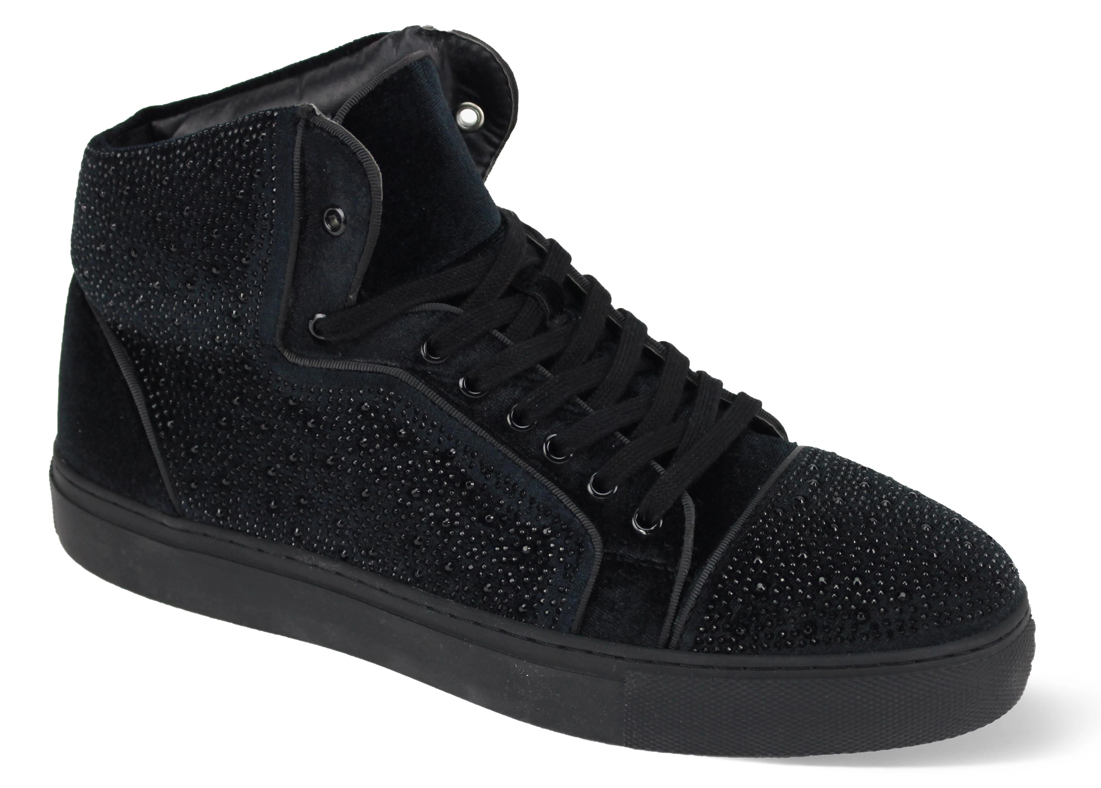 Sneakers montantes noires en velours étincelants, strass clinquants, style AM FLASH, irrésistibles!