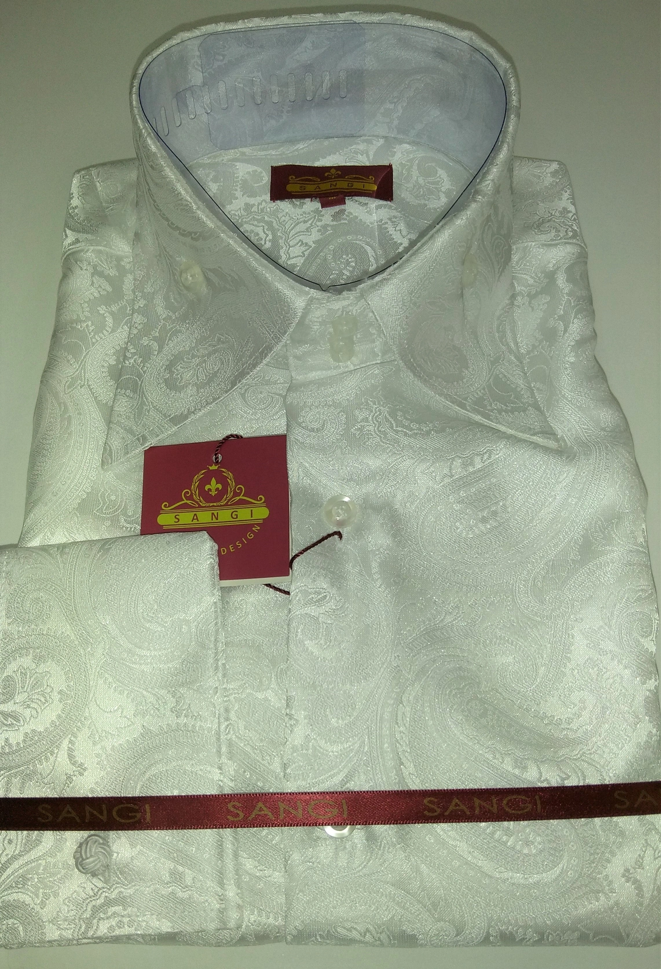 Chemise Homme SANGI MILAN : Paisley Blanc Scintillant, Col Haut. Élégance et style!