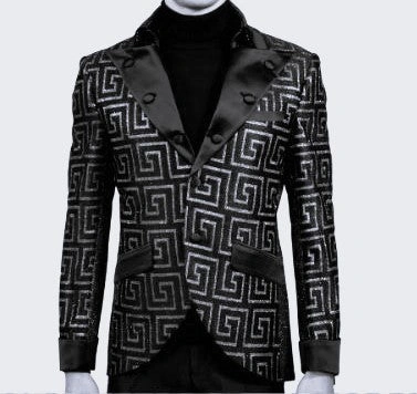 Veste de soirée LOUIS VINO Homme, Clé Grecque scintillante, design audacieux, col montant, noir argenté.